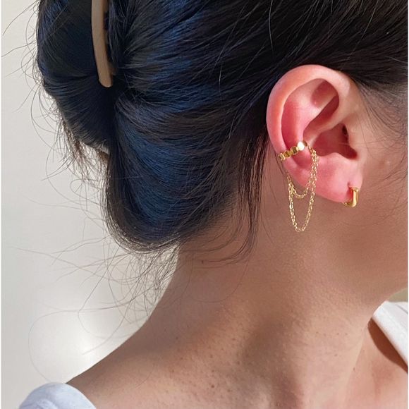 One Gold Plated Double Tassel Chain Circle Disk Ear Cuff - Picture 6 of 6